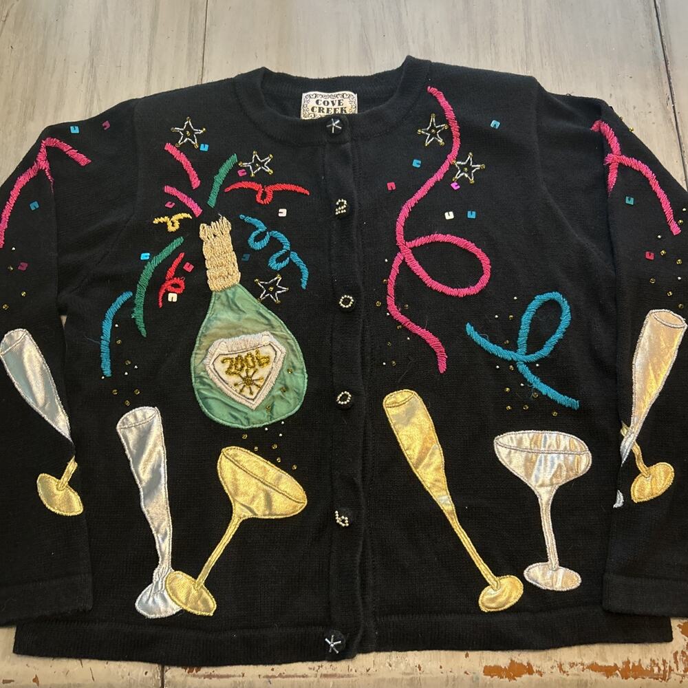 Cove Creek New Years 2006 Cardigan Champagne Beaded Grandma Core Sz L